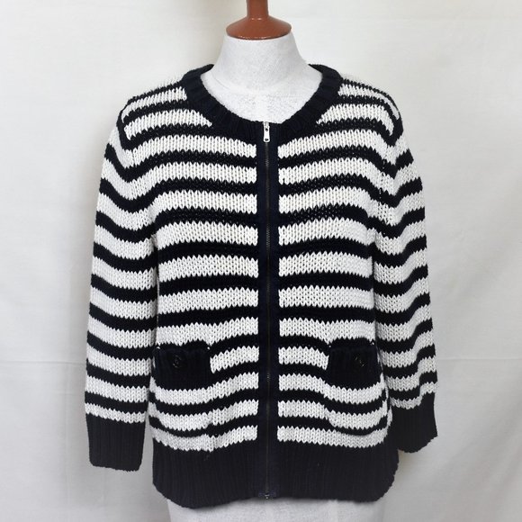 LOFT Sweater L Blue White Stripe Crew Neck Zip Front CottonLong Sleeve - Picture 4 of 7
